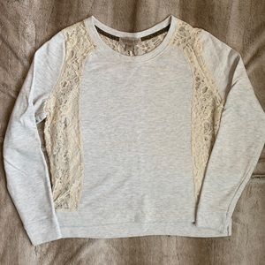Cream Lace and heather gray sweatshirt